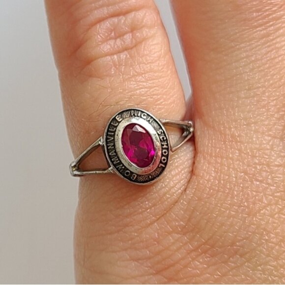 Vintage 90s Sterling Silver Ruby Academia School Class Signet Pinky Ring 3 - Picture 4 of 5